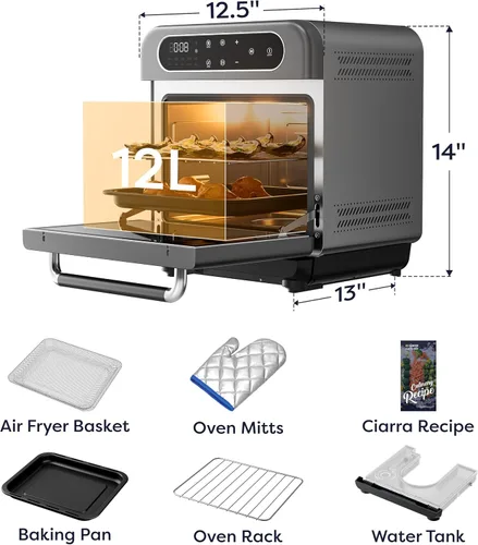 Miniatura 9 de CIARRA Horno de vapor de sobremesa 8 en 1 con freidora de aire, mini horno tostador de convección de 13QT con vapor, vapor rápido, freidora de aire