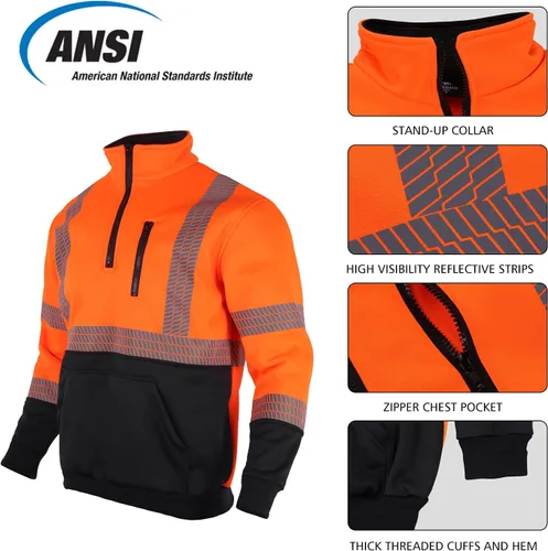 Miniatura 4 de VENDACE Hi Vis - Sudadera reflectante de seguridad para hombres ANSI Clase 3 de alta visibilidad, forro polar con cremallera de 1/4, sin capucha