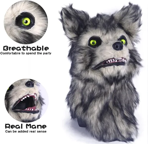 Miniatura 4 de Cosermart Máscara de lobo de zorro peludo, máscaras divertidas para perros, oso aterrador, mandíbula móvil realista, cabeza de animal de piel
