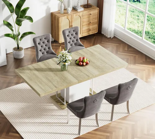 Miniatura 88 de Juego de mesa de comedor extensible marrón de 63 a 78.74 pulgadas para 4, juego de mesa de comedor de 5 piezas con 4 sillas, mesa de cocina