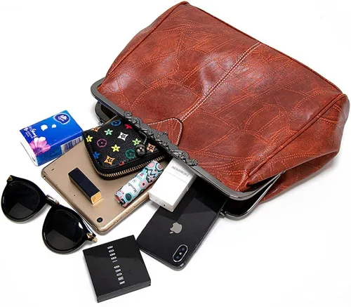 Miniatura 4 de ROUROU Bolso hueco retro para las mujeres de cuero de la PU bolso de embrague de noche bolso de embrague Kiss Lock cierre Crossbody bolso