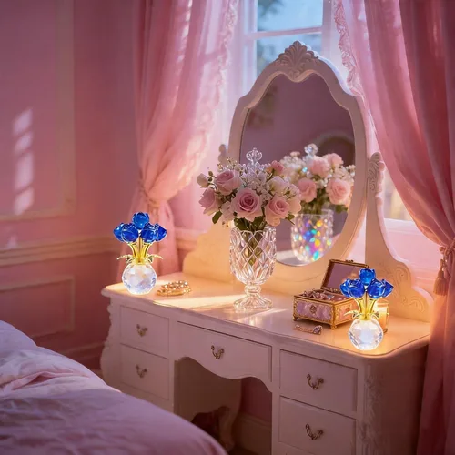 Miniatura 3 de Figura de flor de rosa de cristal con jarrón redondo, flores de cristal, flores de vidrio con tallos, figura de cristal de rosa de cristal, regalos