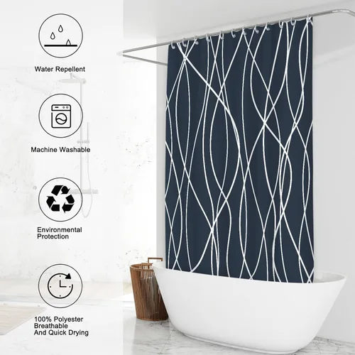 Miniatura 2 de Juego de cortinas de ducha azul egeo para baño con ganchos, cortinas de baño decorativas repelentes al agua y lavables con rayas blancas, 72 x 72