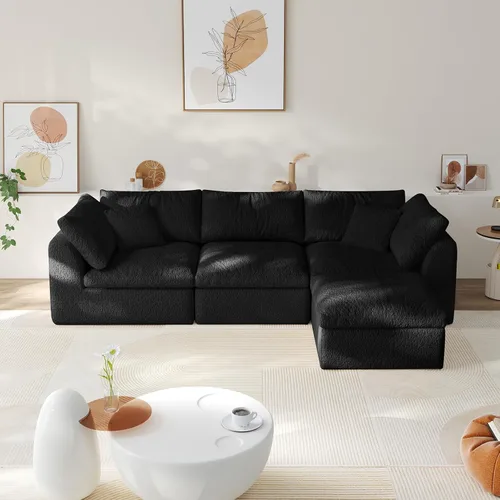 Sofá modular de nube sin hueso de 108 pulgadas con asiento profundo para sala de estar, sofá en forma de L con otomana, tela de copo de nieve y Negro