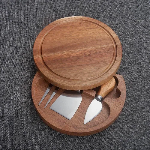 Miniatura 5 de Tabla redonda de madera de acacia para servir queso y juego de 3 herramientas de queso, 7.5 pulgadas de diámetro, ideal para bodas, cumpleaños