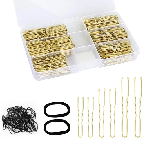 Miniatura 7 de Juego de 300 horquillas en forma de U para mujeres, niños y niñas: 2.8 pulgadas, 2.4 pulgadas, 2 pulgadas con caja de almacenamiento, 2 lazos Negro