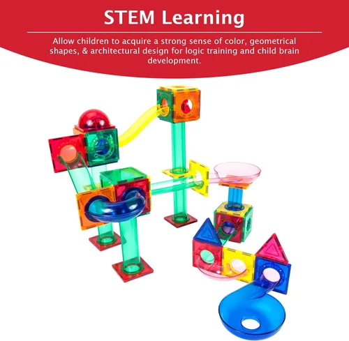 Miniatura 6 de PicassoTiles Paquete de 70 pistas de carreras de mármol + estuche de transporte: juego educativo STEAM para niños, incluye organizador