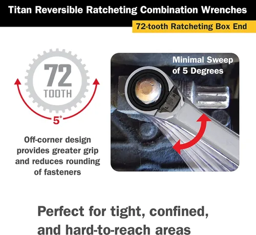 Miniatura 3 de Titan 14613 Llave combinada de trinquete reversible de 1 pulgada, 12 puntos, 72 dientes