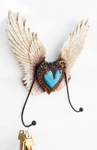 Miniatura 6 de Ebros Gift Corazón de flor de Lis de cuero sintético rústico occidental con alas de roca turquesa y ángel, ganchos dobles decorativos para colgar
