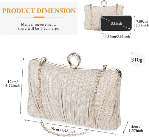Miniatura 4 de Tanpell Elegante bolso de noche plisado con purpurina para mujer, bolso formal para novia, boda, graduación, cóctel, fiesta, bolsos