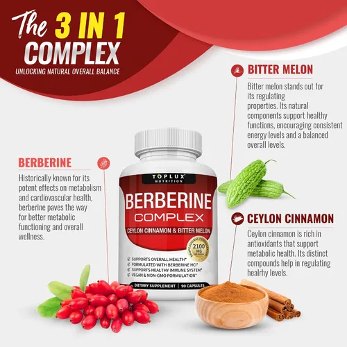 Miniatura 3 de Toplux Berberina con canela de Ceilán y melón amargo 2100 mg – Suplemento de berberina HCL de alta pureza al 97% que apoya la salud general