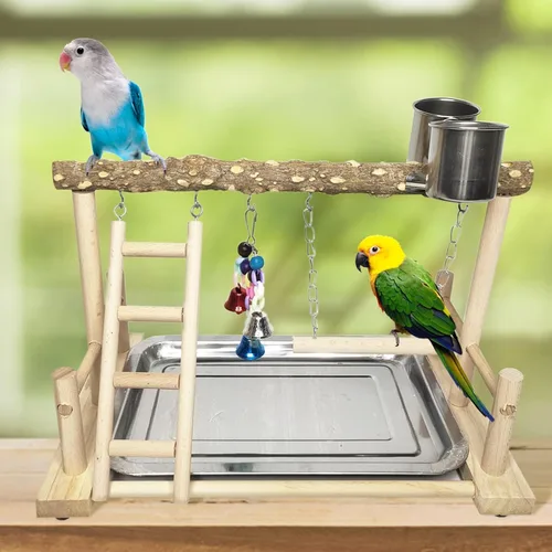 Miniatura 4 de PINVNBY Parque infantil para pájaros, soporte de madera para ejercicio, perca, gimnasio, escalera, con comedero, columpio, juguetes para periquitos