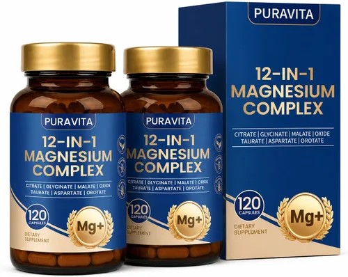 Miniatura 8 de Puravita Complejo 12 en 1 de magnesio, magnesio 12 en 1, para mujeres y hombres con glicinato, citrato, malato, óxido, taurat y más para apoyo