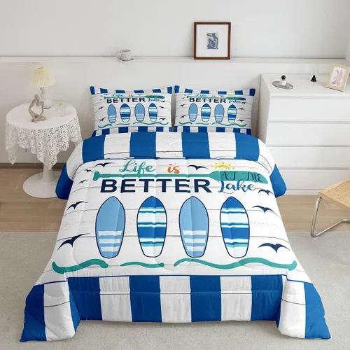 Erosebridal Juego de edredón náutico para niños y niñas, ropa de cama azul y blanco oceánico, juegos de edredón de tabla de surf Hawaii, relleno de