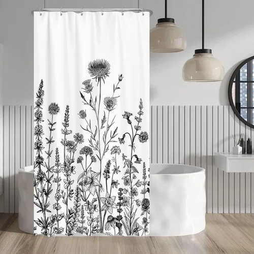 Miniatura 11 de Cortina de ducha de mariposa floral negra y dorada, cortina de ducha bohemia con diseño botánico de flores oscuras para baño con gancho, juego