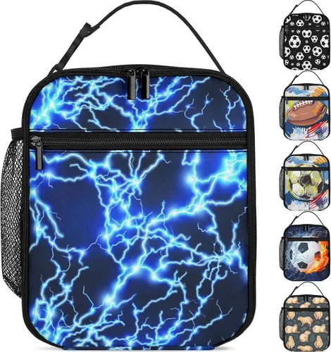 Lonchera Lightning para niños y niñas, bolsa de almuerzo aislada reutilizable con bolsillo lateral, lonchera azul para niñas, niños y adolescentes,