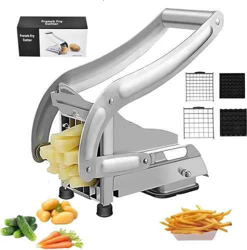 Cortador de papas fritas, cortador de patatas de acero inoxidable con 2 cuchillas y base de succión antideslizante, cortador de patatas para cortar