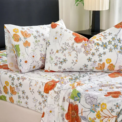 Miniatura 50 de Zusbest Juego de sábanas florales de 100 % algodón percal, color naranja y amarillo, juego de sábanas suaves y transpirables con diseño botánico