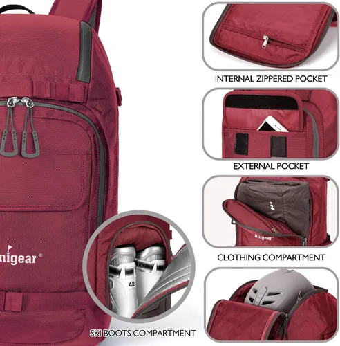 Miniatura 3 de Unigear - Mochila para botas de esquí para casco 50L/70L, lentes de protección, guantes, esquís, snowboard y accesorios Rojo