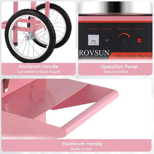 Miniatura 5 de ROVSUN Carrito de máquina de algodón de azúcar de 21 pulgadas, máquina eléctrica de algodón para hacer hilo dental con tapa, cuenco de acero Rosa