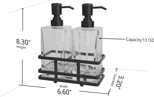 Miniatura 5 de Juego de dispensador de loción y jabón de vidrio cuadrado transparente con bomba y soporte de metal para baño, cocina, hogar, oficina, viaje, hotel