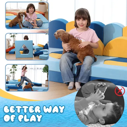 Miniatura 10 de Erament Sofá cama modular para niños pequeños, 22 piezas, sofá cama para sala de juegos, muebles convertibles con temática oceánica, sofá modular
