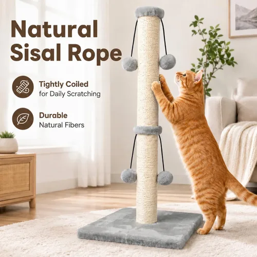 Miniatura 5 de Dimaka - Rascador de gatos de 29 pulgadas con cuerda de sisal natural, rascador para garras de gatitos con 4 bolas de juguete colgantes para gatos