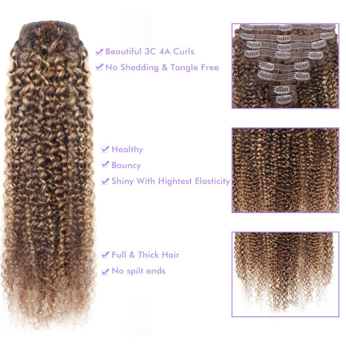 Miniatura 6 de Extensiones de cabello humano real rizado con clip, balayage, color marrón chocolate a rubio caramelo, 8 piezas con 18 clips, 4.23 oz/juego