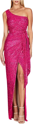 Elegante vestido de lentejuelas fruncidas para mujer, sexy, con un hombro descubierto, ajustado, vestido formal con purpurina brillante