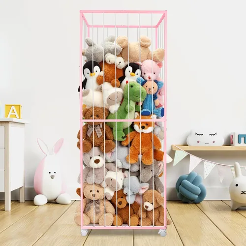 Miniatura 8 de Almacenamiento de animales de peluche, tubo de metal extra grande organizador de almacenamiento de juguetes con ruedas de freno, soporte