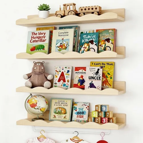 Fixwal Estantes flotantes de 16.5 pulgadas para libros de guardería, juego de 4 estantes de pared festoneados con toallero para niños, habitación de