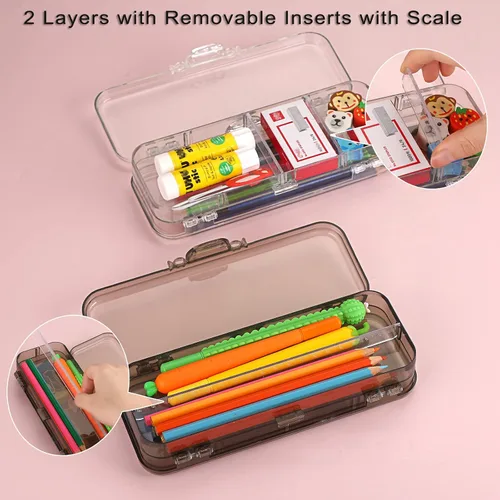 Miniatura 7 de BTSKY Caja de lápices de doble cubierta, caja de plástico transparente con 4 reglas extraíbles, espaciadores divisores, cajas de utilidad