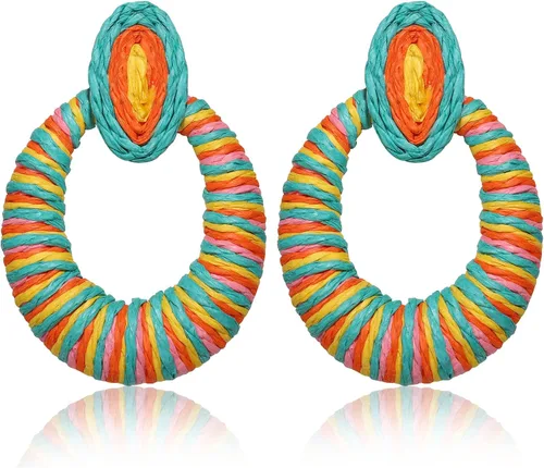 Aretes de ratán para mujer, aretes colgantes redondos de rafia, hechos a mano, aretes colgantes de mimbre de pajilla, aretes de aro bohemios de