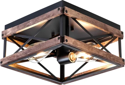 Miniatura 14 de MAYNA Lámpara de techo de granja, lámpara de techo rústica de 2 luces con montaje empotrado de metal y madera, accesorios de iluminación de pasillo