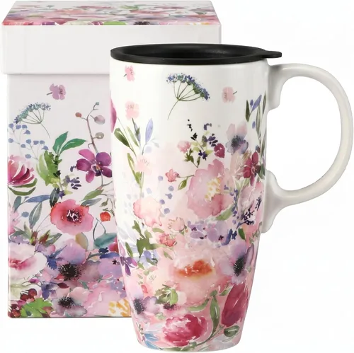 Miniatura 15 de Taza de café de viaje de cerámica con tapa para el hogar y la oficina, taza de té alta de porcelana de 17 onzas con mango de arte floral en caja