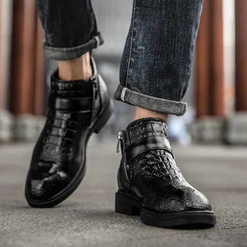 Miniatura 6 de Botas de cuero genuino con estampado para hombre, para otoño e invierno, de alta altura, con correa estilo Bukle