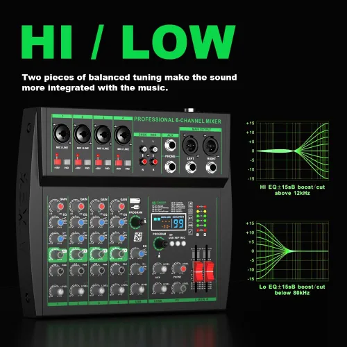 Miniatura 9 de MW-6 negro Mezclador de audio profesional DJ de 6 canales Controlador portátil con DSP 99 efectos preestablecidos para transmisión en vivo