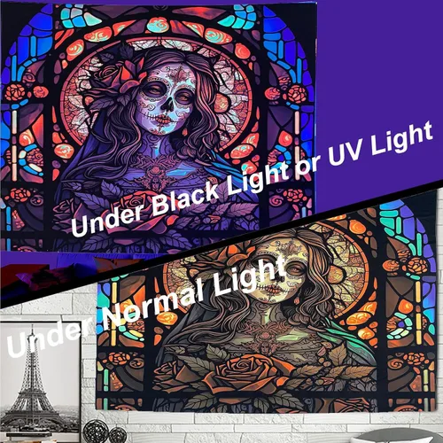 Miniatura 5 de RILACON Tapiz reactivo con luz negra del Día de los Muertos, tapiz para colgar en la pared, diseño de calavera de rosa y azúcar, póster de esqueleto