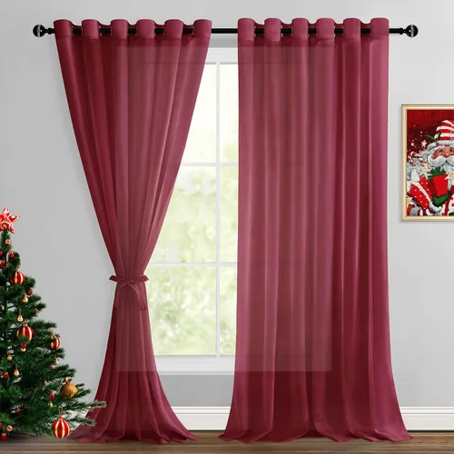Miniatura 76 de Hiasan - Cortinas traslúcidas de gasa cortas semitransparentes con ojales y alzapaños filtrantes de luz para ventana, dormitorio, baño, 2 paneles