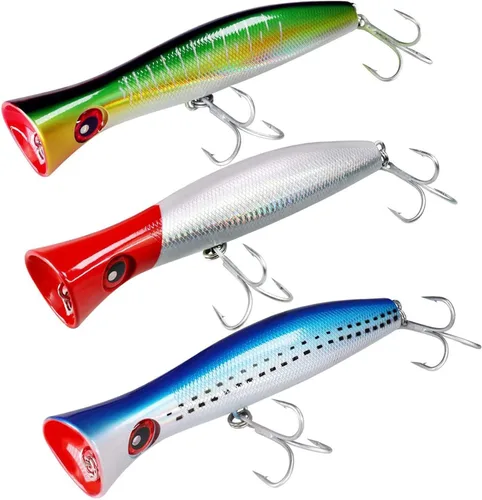THKFISH Topwater Señuelos de pesca de agua salada GT Popper con 3 ganchos fuertes, pesca de surf, 1 unidad/3 piezas 3 unidades de 3 colores