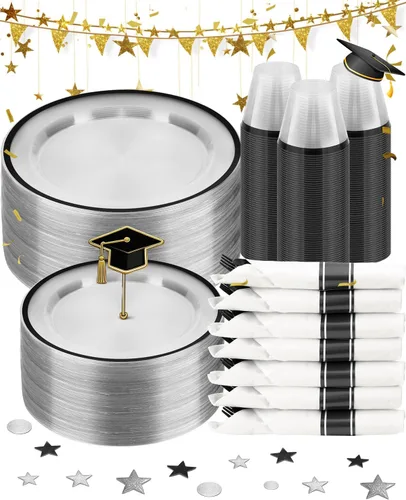 Miniatura 8 de BESTSTAR Juego de 175 platos desechables transparentes y negros para 25 invitados, 50 platos de plástico, 25 vasos, 25 servilletas preenrolladas