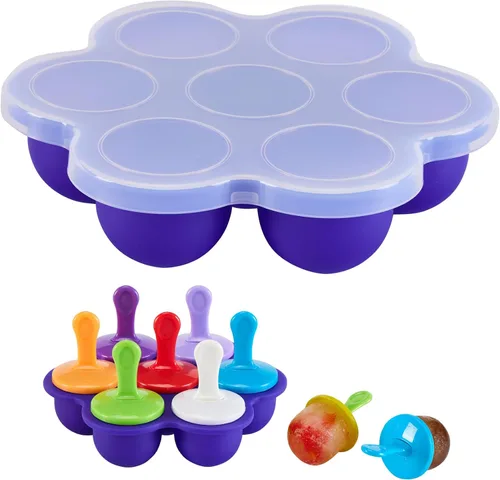 Moldes de silicona para paletas, moldes para paletas de hielo de 7 cavidades, contenedor de almacenamiento de alimentos para bebés con tapa, Naranja