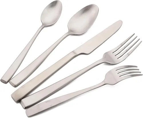 JASHII Juego de cubiertos de acero inoxidable plateado de 20 piezas, utensilios duraderos y resistentes, incluye tenedores y cucharas de postre, Mate
