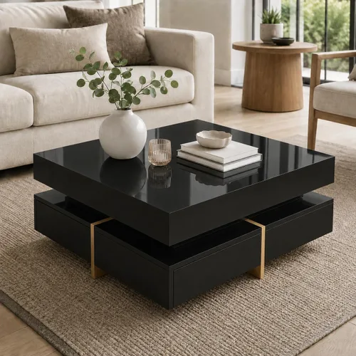 Mesa de centro moderna con almacenamiento, mesa de centro cuadrada contemporánea con cajones, mesa central moderna de alto brillo para sala de Negro