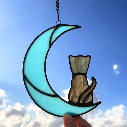 Decoración de gato atigrado gris en luna azul para colgar en la ventana, regalo conmemorativo para los amantes de los gatos, adorno para mascotas