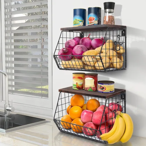 Miniatura 8 de Mefirt 2 cestas de frutas para almacenamiento de cocina con tapa de madera, cesta de pared apilable para cocina, organizador de encimera para Marrón