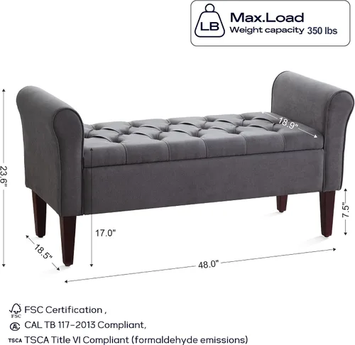 Miniatura 2 de HUIMO Banco de almacenamiento de 48 pulgadas, otomana de almacenamiento con brazos con patas de madera maciza de 7.5 pulgadas, banco de pie de cama