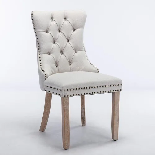 Miniatura 5 de Silla de comedor tapizada contemporánea sin brazos con patas de madera con diseño de cabeza de clavo, juego de 2, beige