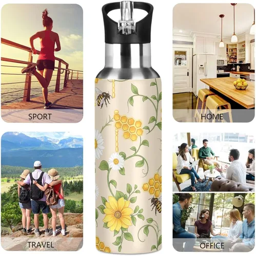 Miniatura 5 de Yellow White Flowers Insulated Water Bottle 32 Oz, BPA-Free Sports Water Bottle Leakproof Water Bottles