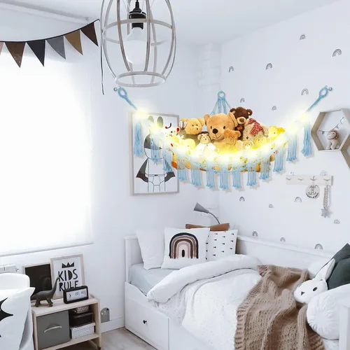 Miniatura 3 de CERETIA Hamaca de animales de peluche con luz LED, red grande de almacenamiento en esquina de animales de peluche para decoración de habitación